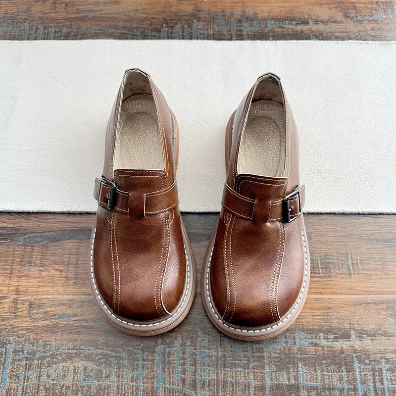 Babakud Women Spring Retro Leather Round Toe Buckle Loafers
