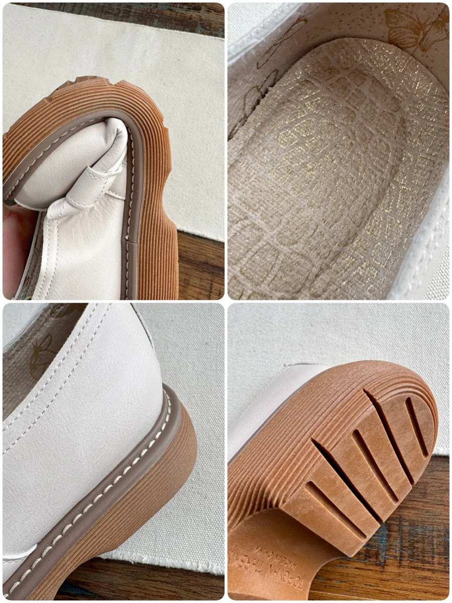 Babakud Women Spring Retro Leather Round Toe Buckle Loafers