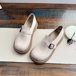 Babakud Women Spring Retro Leather Round Toe Buckle Loafers