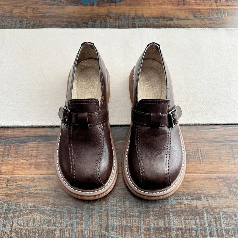 Babakud Women Spring Retro Leather Round Toe Buckle Loafers