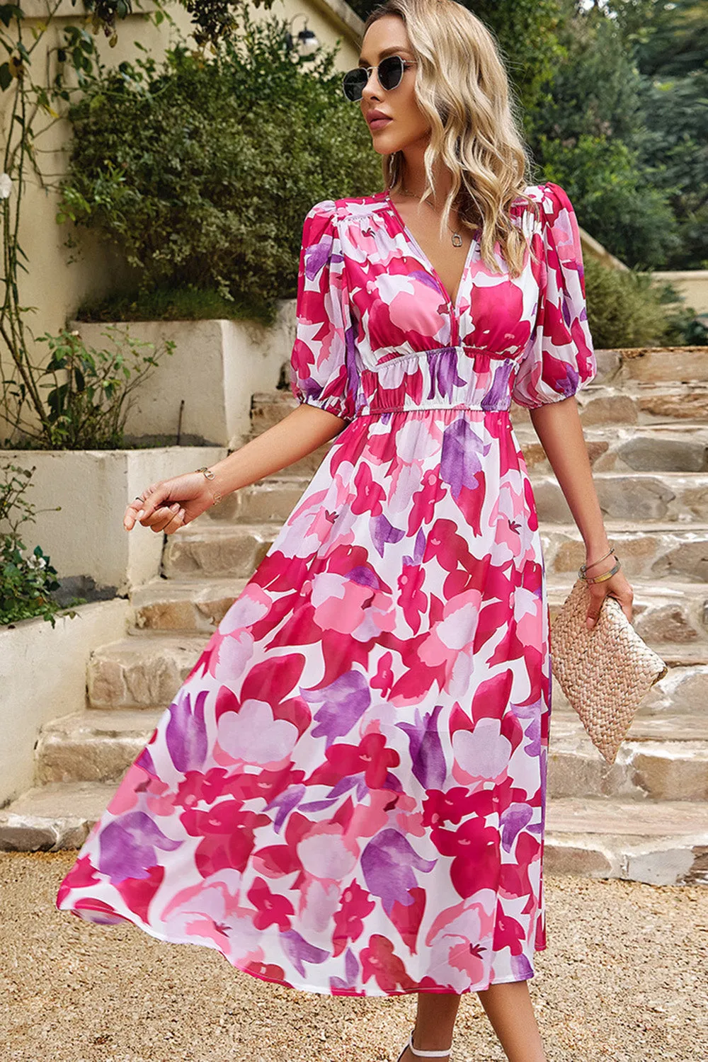 Black V Neck Printed Half Sleeves Summer Dress