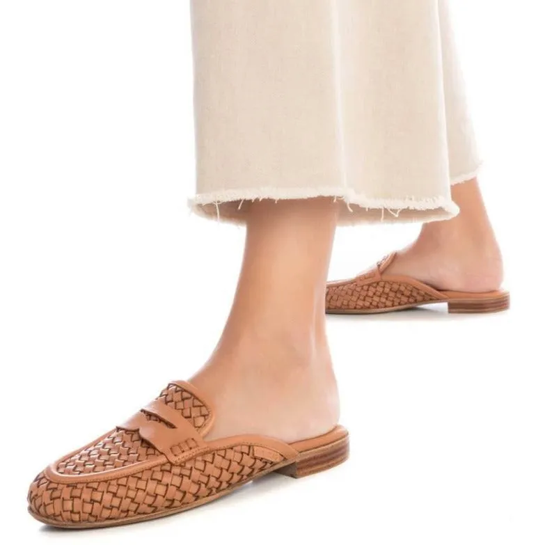 Carmela Tan Woven Leather Flat Slip On Mules
