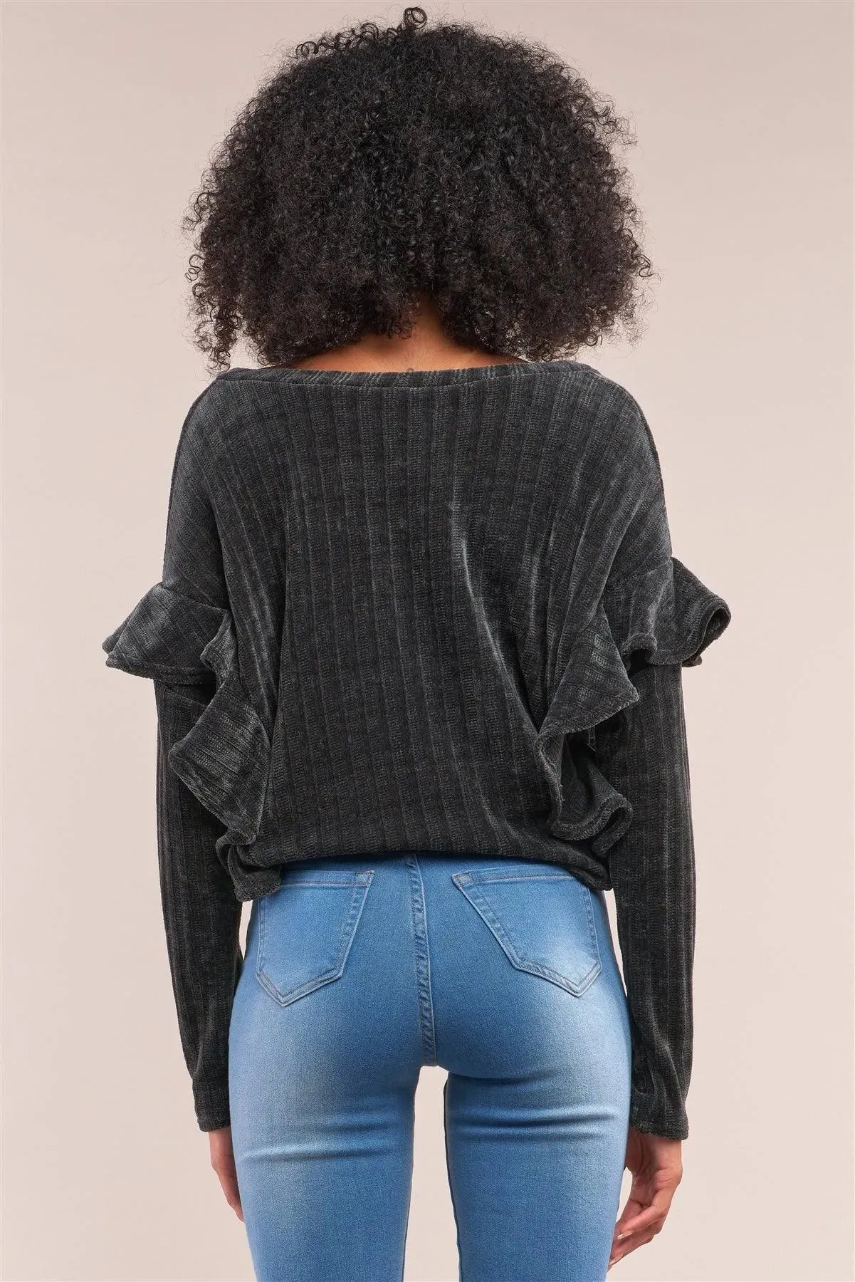 Charcoal Ribbed Plush V-Neck Long Sleeve Ruffle Trim Self-Tie Front Detail Sweater /3-2-1