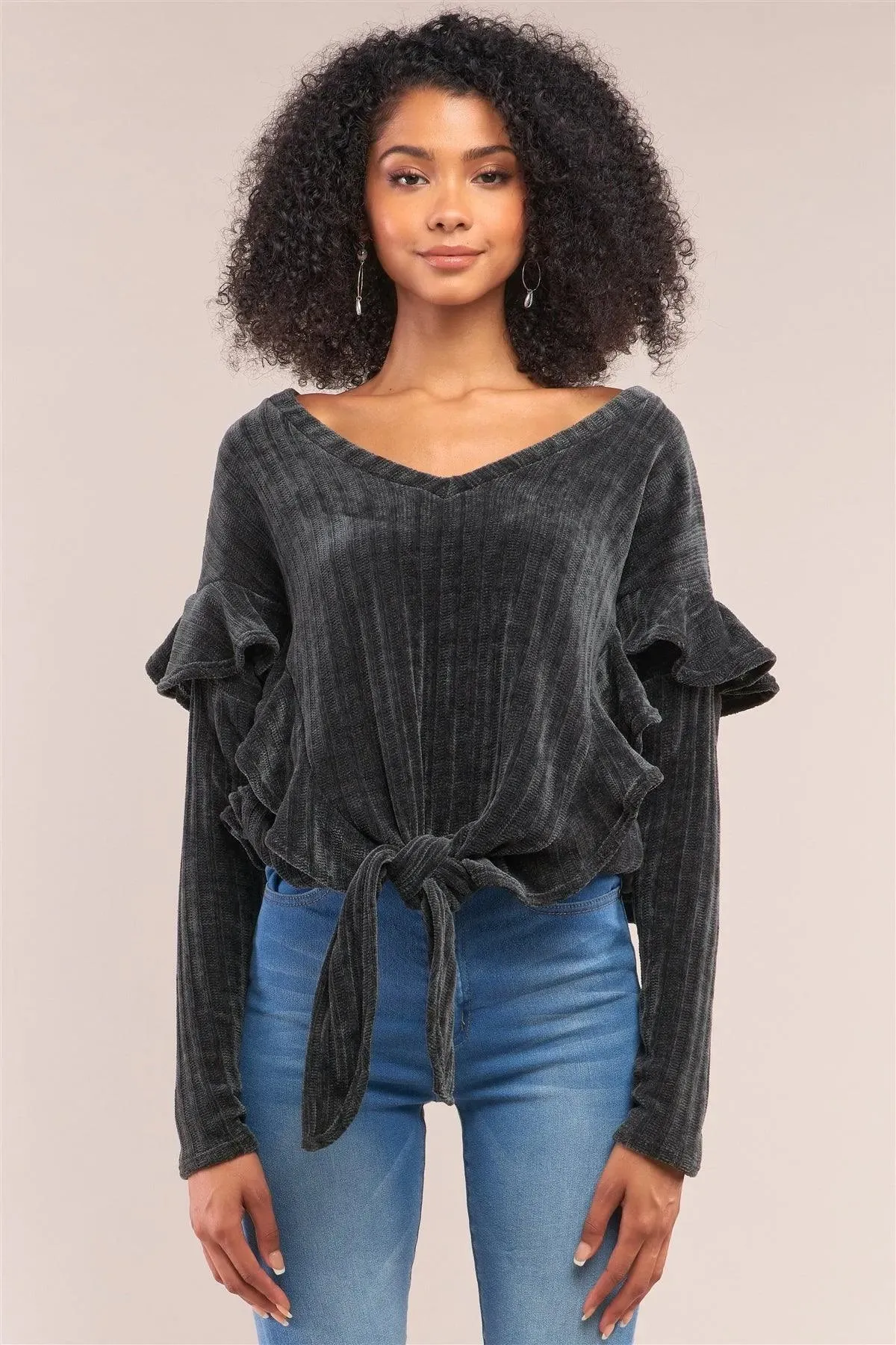 Charcoal Ribbed Plush V-Neck Long Sleeve Ruffle Trim Self-Tie Front Detail Sweater /3-2-1