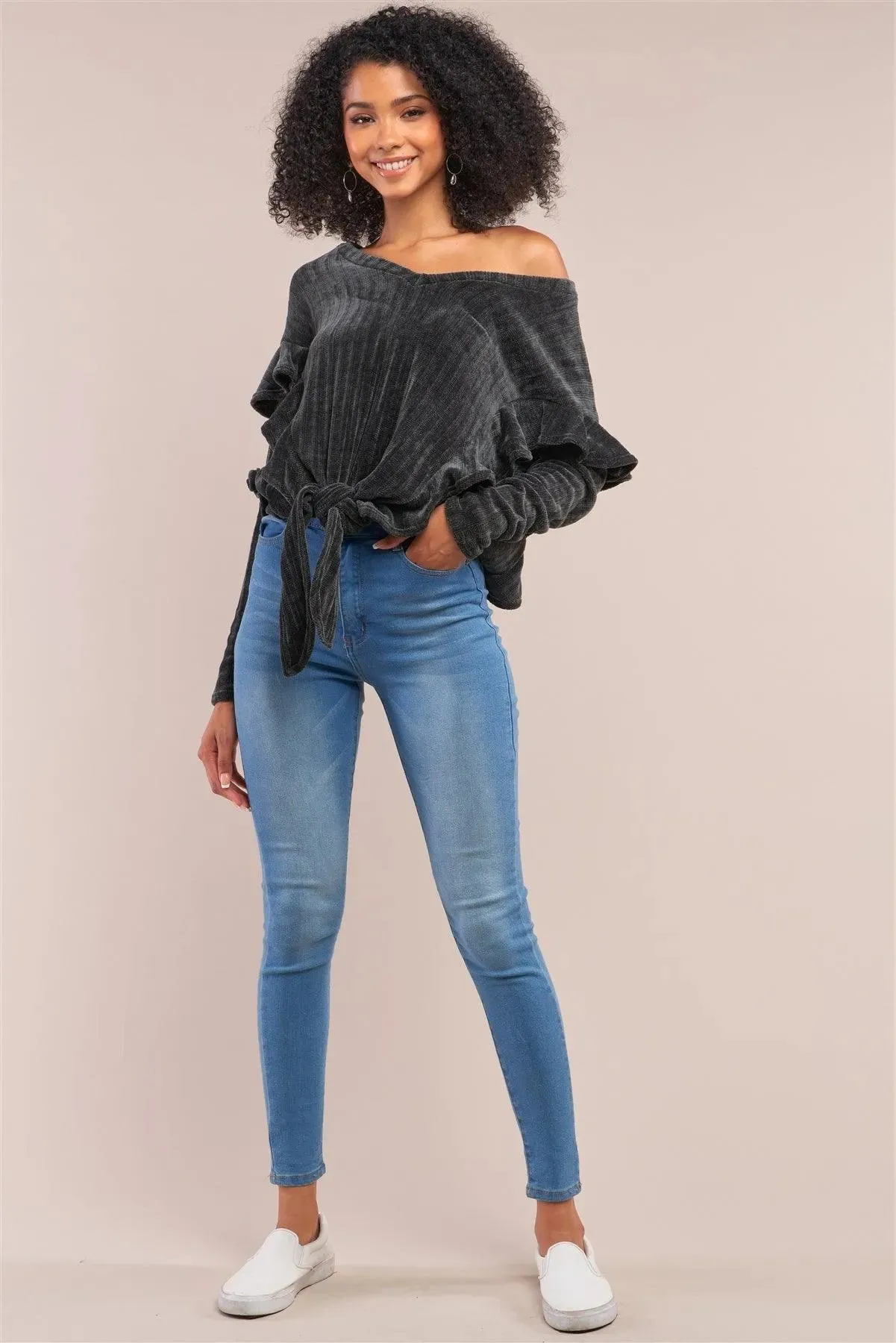 Charcoal Ribbed Plush V-Neck Long Sleeve Ruffle Trim Self-Tie Front Detail Sweater /3-2-1