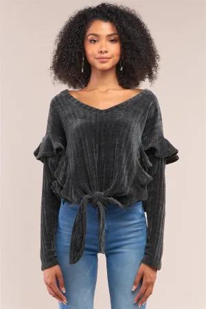 Charcoal Ribbed Plush V-Neck Long Sleeve Ruffle Trim Self-Tie Front Detail Sweater /3-2-1