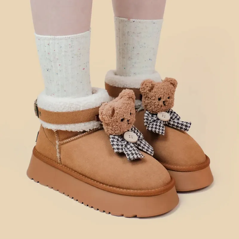 *CLEARANCE* Ultra Soft Plush Bears and Bows Buckle Ankle Boots - Women's