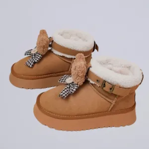 *CLEARANCE* Ultra Soft Plush Bears and Bows Buckle Ankle Boots - Women's