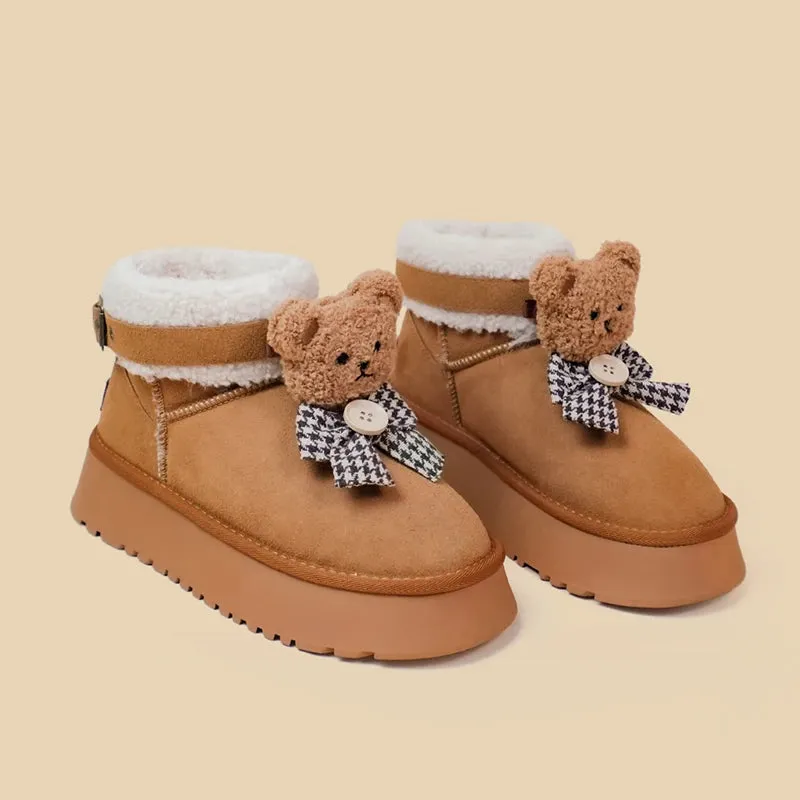 *CLEARANCE* Ultra Soft Plush Bears and Bows Buckle Ankle Boots - Women's