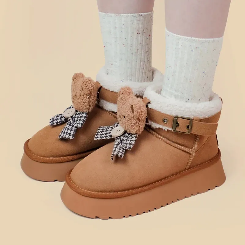 *CLEARANCE* Ultra Soft Plush Bears and Bows Buckle Ankle Boots - Women's