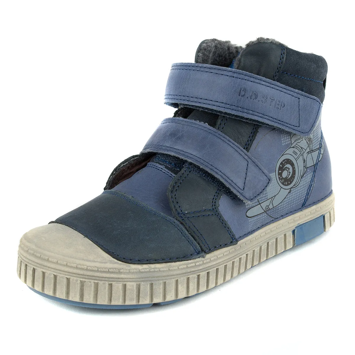 D.D. Step big kid shoes/winter boots with faux fur insulation blue with aeroplane size US 13-4