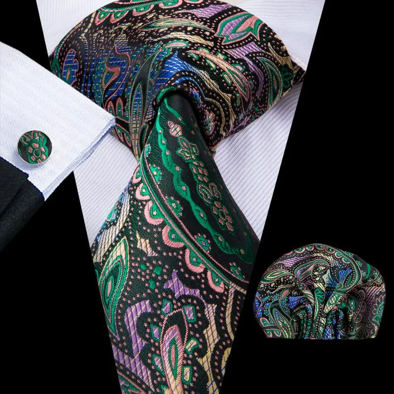 DiBanGu Silk Tie Golden Green Paisley Men's Tie Pocket Square Cufflinks Set Classic Hot