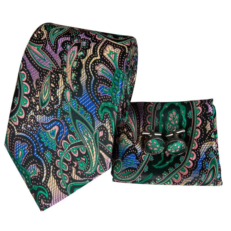DiBanGu Silk Tie Golden Green Paisley Men's Tie Pocket Square Cufflinks Set Classic Hot