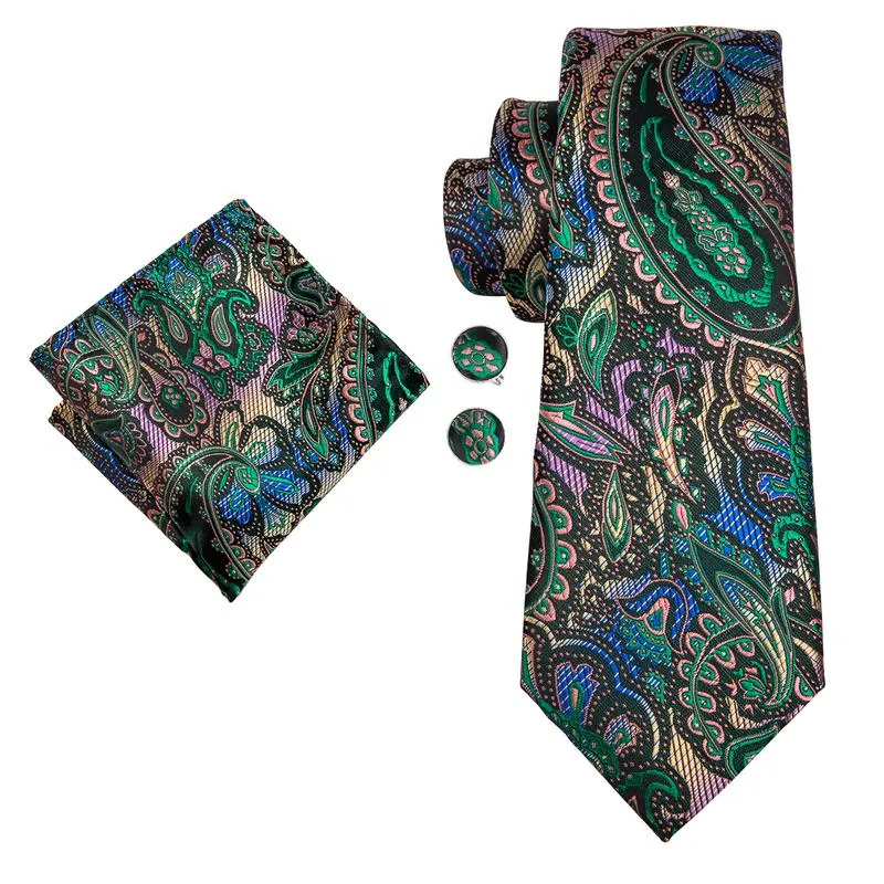 DiBanGu Silk Tie Golden Green Paisley Men's Tie Pocket Square Cufflinks Set Classic Hot