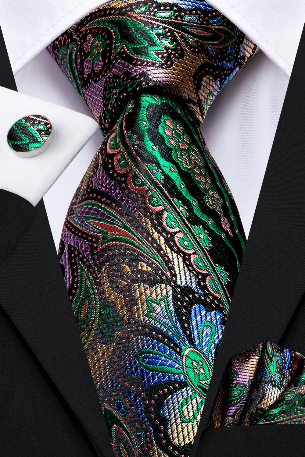 DiBanGu Silk Tie Golden Green Paisley Men's Tie Pocket Square Cufflinks Set Classic Hot