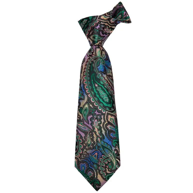 DiBanGu Silk Tie Golden Green Paisley Men's Tie Pocket Square Cufflinks Set Classic Hot