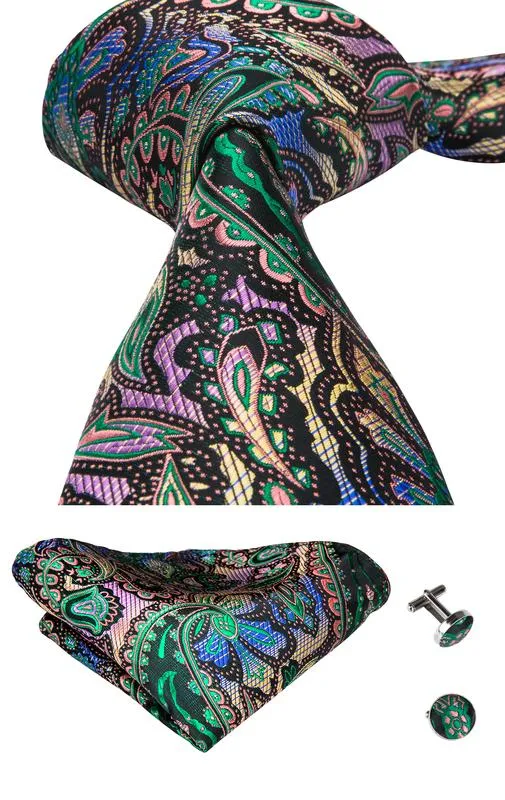 DiBanGu Silk Tie Golden Green Paisley Men's Tie Pocket Square Cufflinks Set Classic Hot