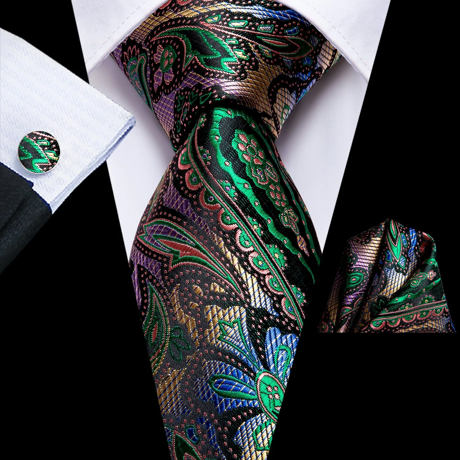 DiBanGu Silk Tie Golden Green Paisley Men's Tie Pocket Square Cufflinks Set Classic Hot