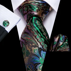 DiBanGu Silk Tie Golden Green Paisley Men's Tie Pocket Square Cufflinks Set Classic Hot