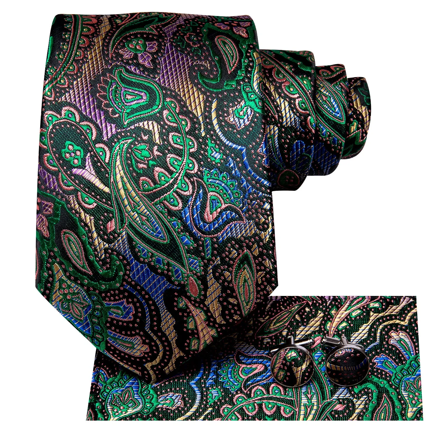 DiBanGu Silk Tie Golden Green Paisley Men's Tie Pocket Square Cufflinks Set Classic Hot