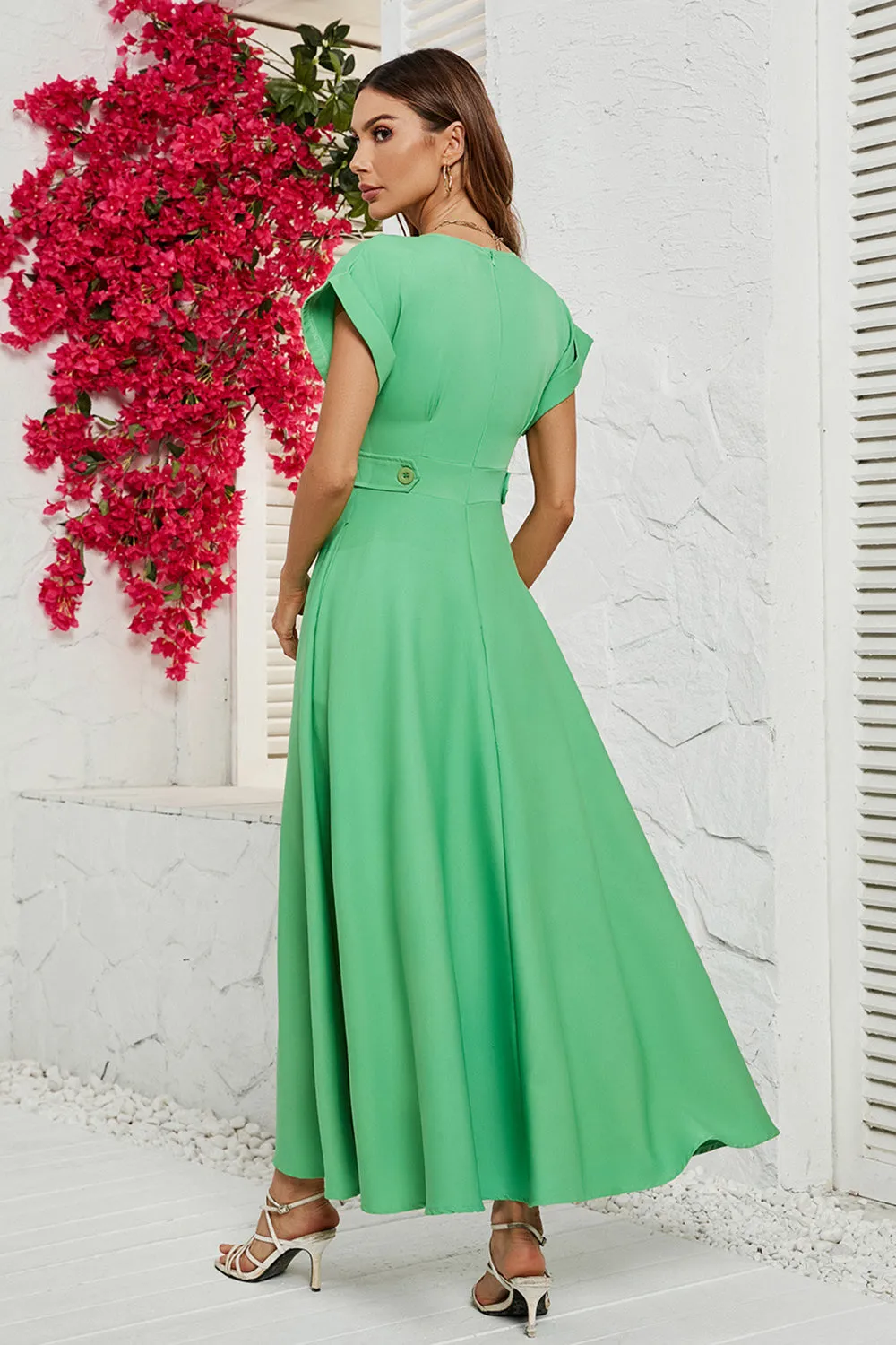 Green Short Sleeves Tea Length Summer Dress