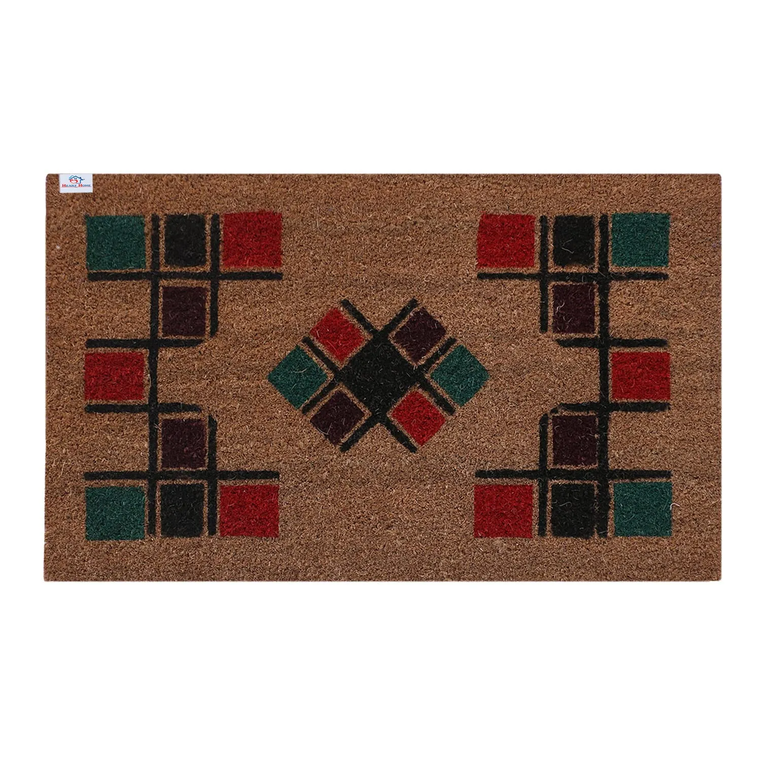Heart Home Door Mat|Polyethylene Durable & Anti-Slip Natural Block Print Floor Mat|Rug for Indoor or Outdoor, 30x20 Inch (Brown)
