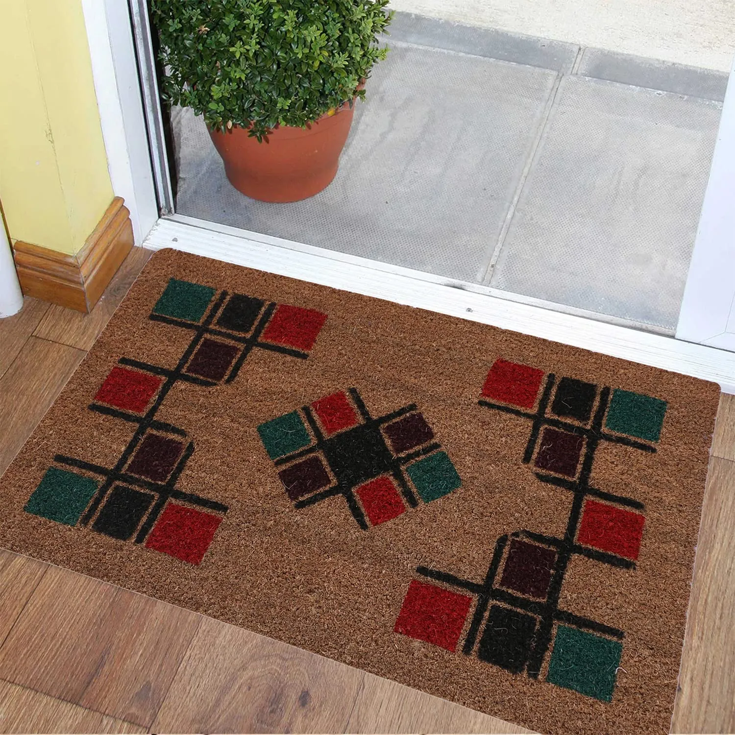 Heart Home Door Mat|Polyethylene Durable & Anti-Slip Natural Block Print Floor Mat|Rug for Indoor or Outdoor, 30x20 Inch (Brown)