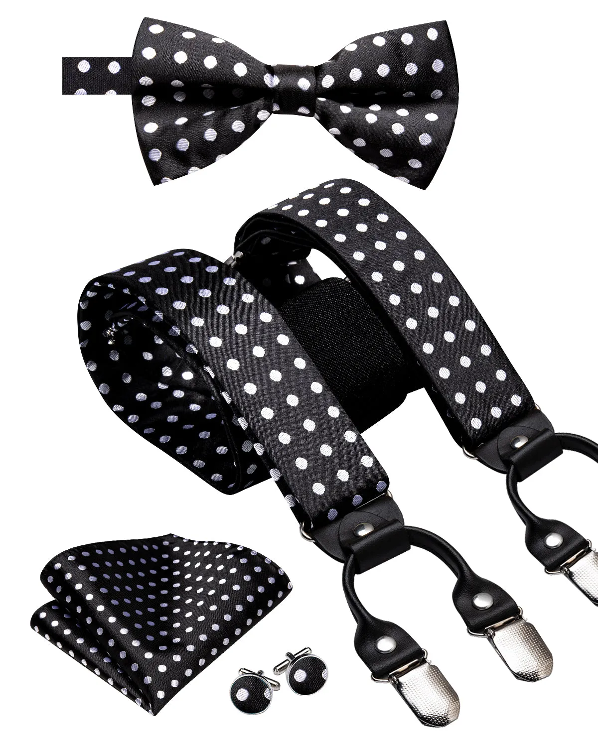 Hi-Tie Black White Dot Men's Suspender Bowtie Pocket Square Cufflinks Set