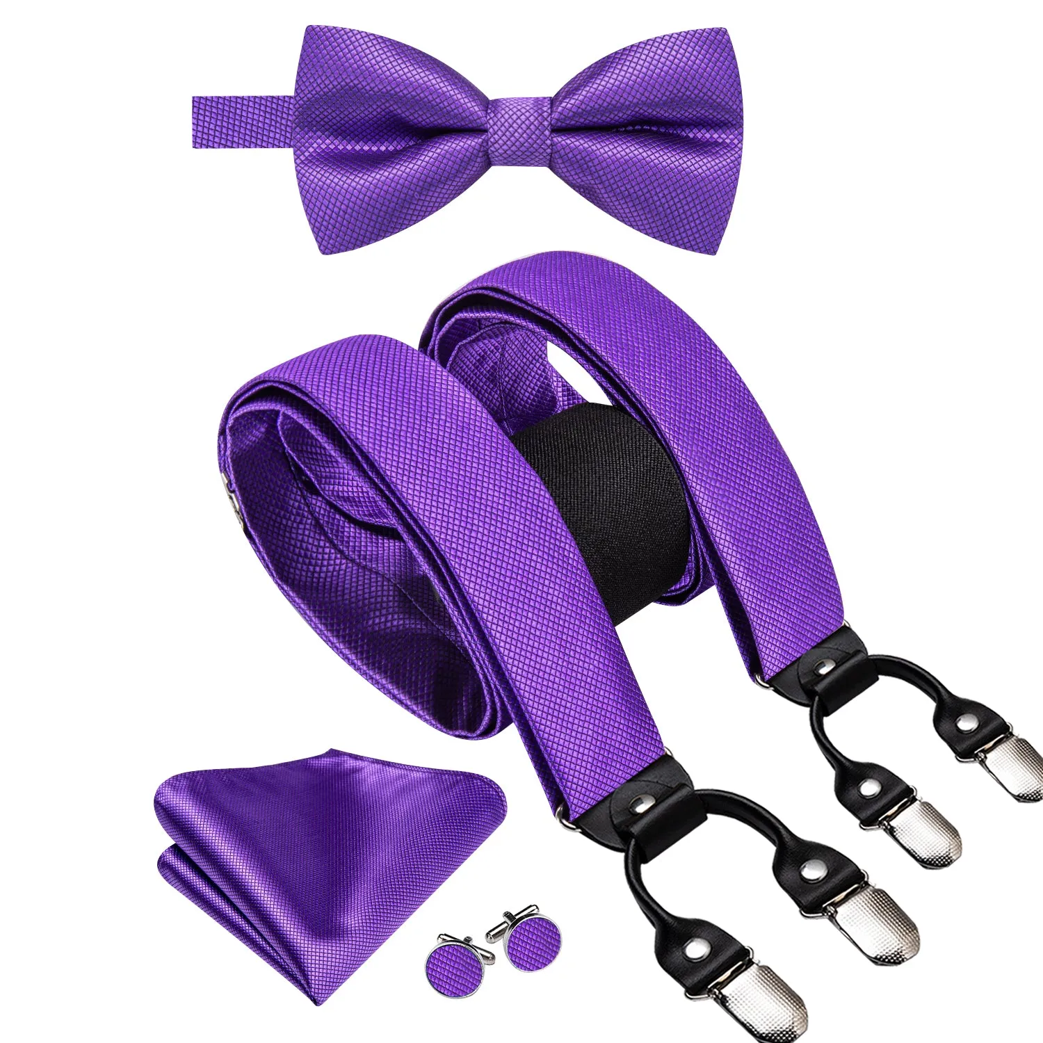 Hi-Tie Dark Purple Plaid Suspender Bowtie Hanky Cufflinks Set Formal