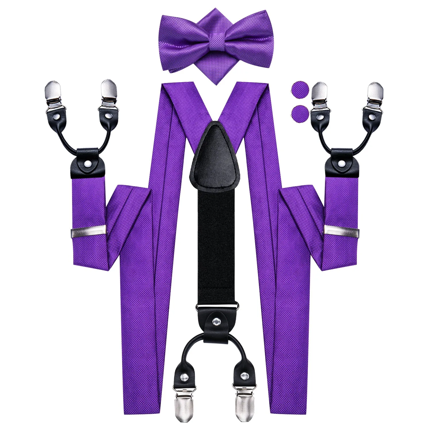 Hi-Tie Dark Purple Plaid Suspender Bowtie Hanky Cufflinks Set Formal