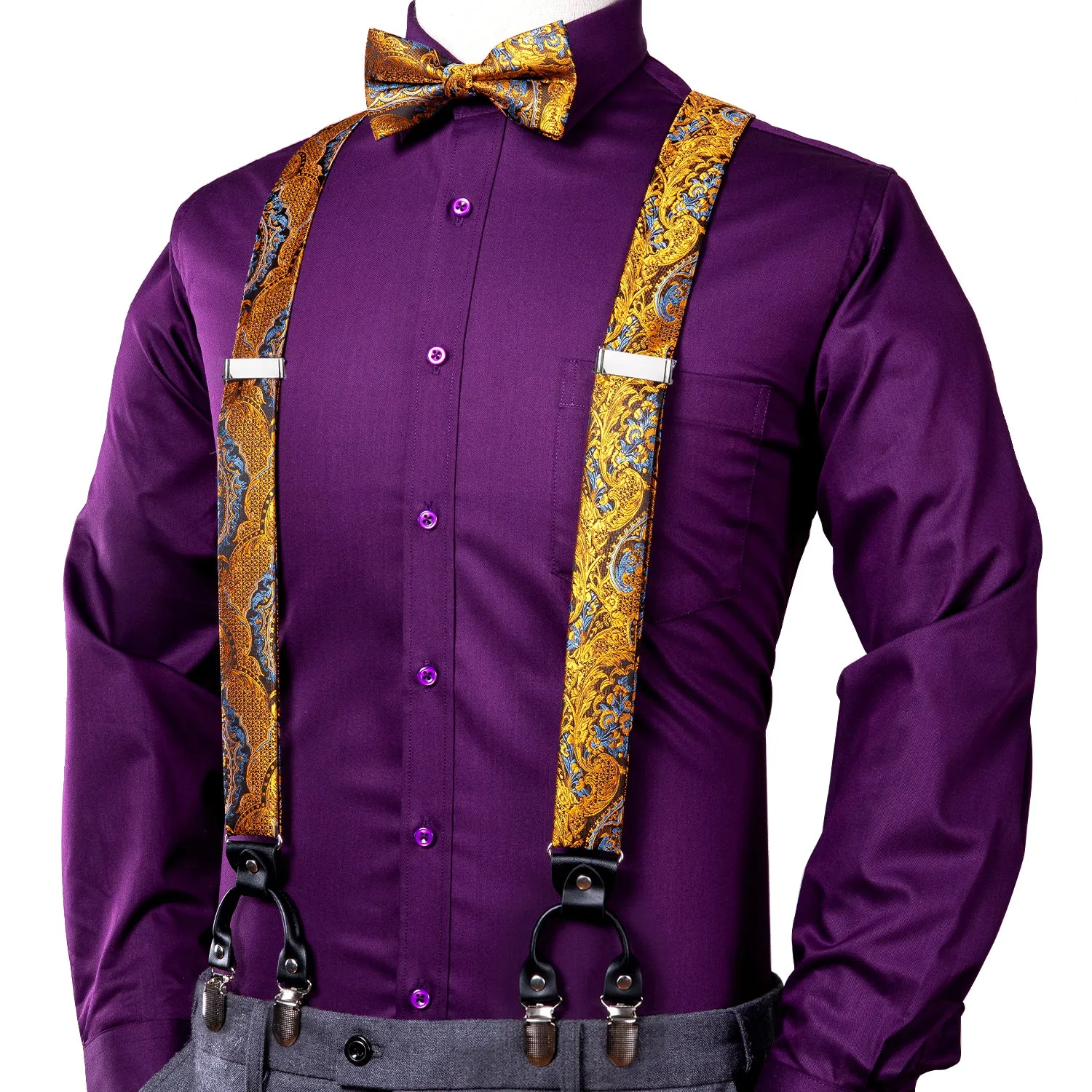 Hi-Tie Golden Paisley Suspender Men Bowtie Pocket Square Cufflinks Set