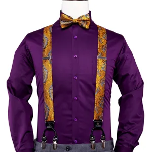 Hi-Tie Golden Paisley Suspender Men Bowtie Pocket Square Cufflinks Set