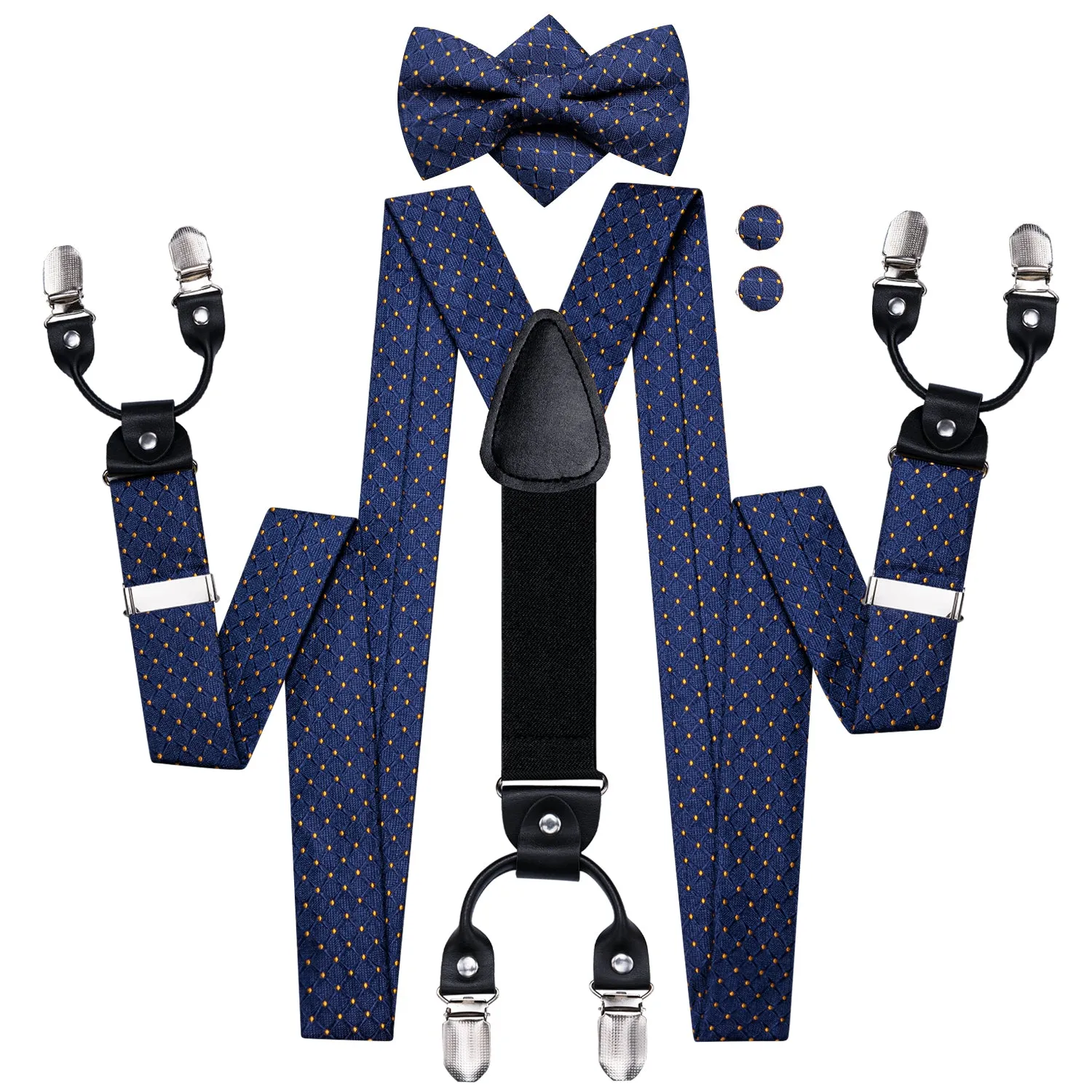 Hi-Tie Navy Blue Yellow Dot Men's Suspender Bowtie Pocket Square Cufflinks Set