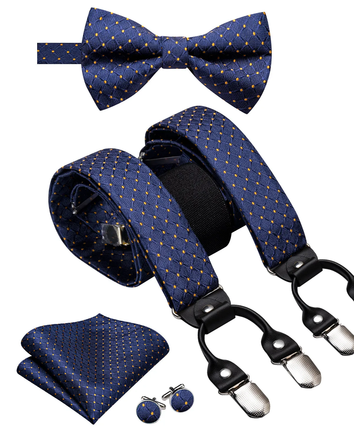 Hi-Tie Navy Blue Yellow Dot Men's Suspender Bowtie Pocket Square Cufflinks Set