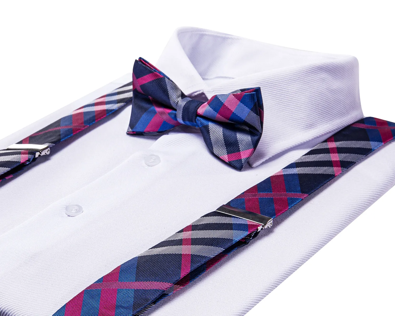 Hi-Tie Suspenders and Tie Blue Pink Plaid Suspender Bowtie Hanky Cufflinks Set