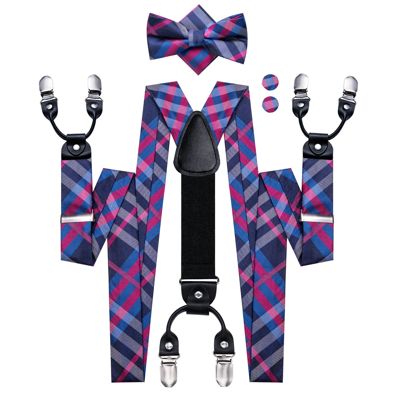 Hi-Tie Suspenders and Tie Blue Pink Plaid Suspender Bowtie Hanky Cufflinks Set