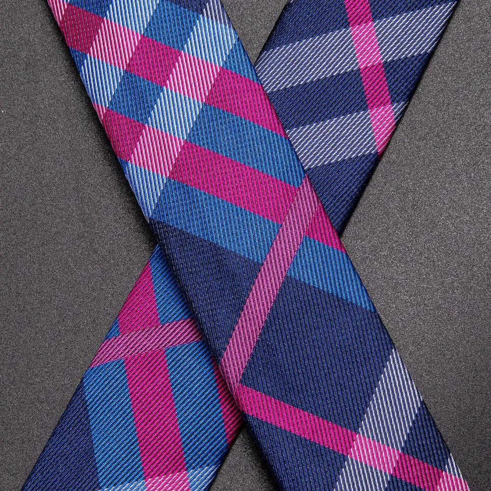 Hi-Tie Suspenders and Tie Blue Pink Plaid Suspender Bowtie Hanky Cufflinks Set