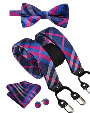 Hi-Tie Suspenders and Tie Blue Pink Plaid Suspender Bowtie Hanky Cufflinks Set