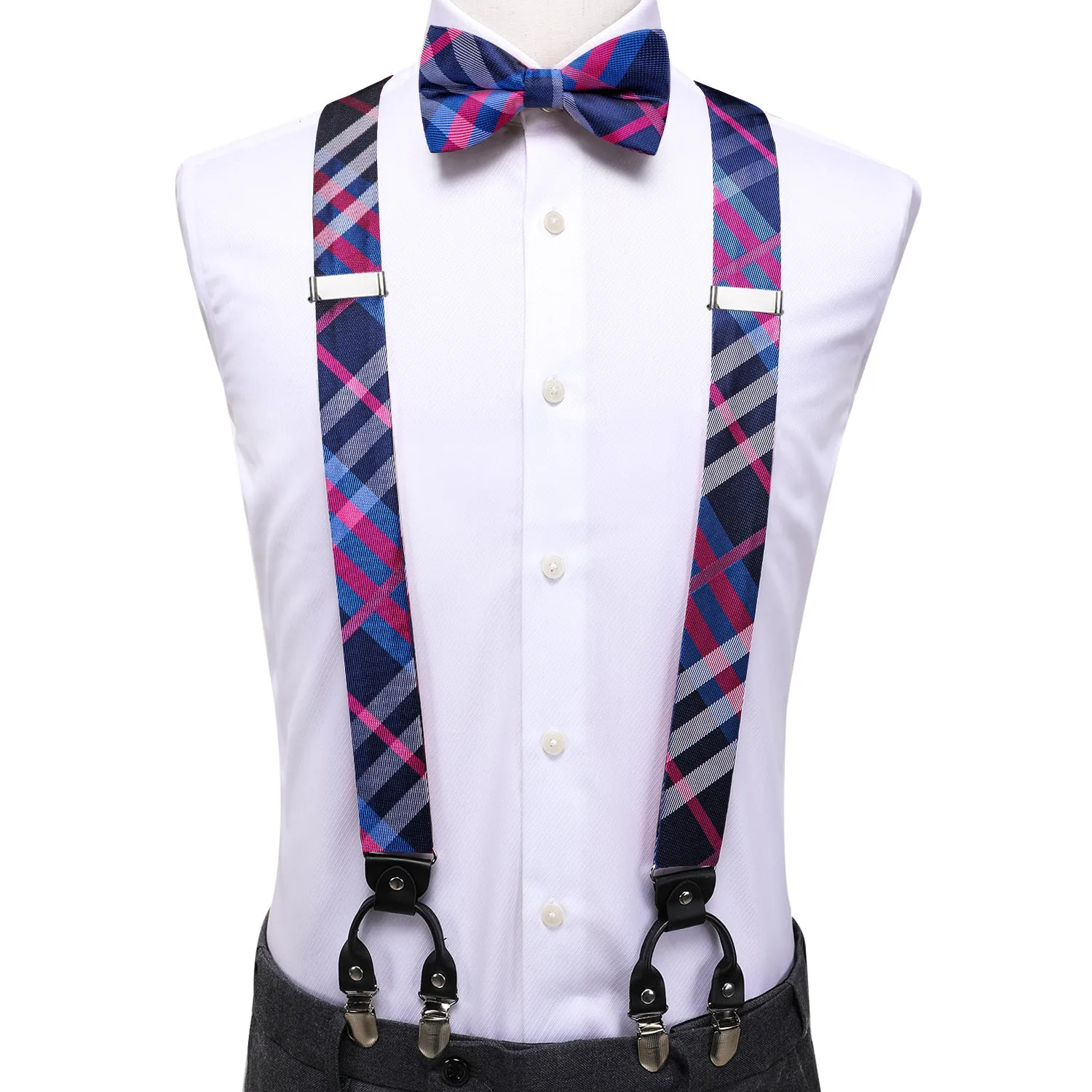Hi-Tie Suspenders and Tie Blue Pink Plaid Suspender Bowtie Hanky Cufflinks Set