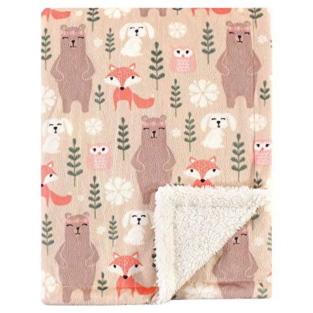 Hudson Baby Infant Girl Plush Blanket with Faux Shearling Back, Girl Forest, One Size