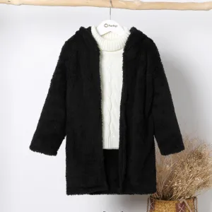 Kid Boy/Kid Girl Solid Color Hooded Fuzzy Coat Jacket