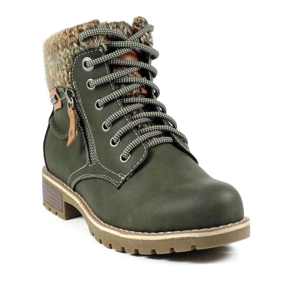 Lunar GLB123 Millie Ladies Olive Waterproof Zip & Lace Ankle Boots