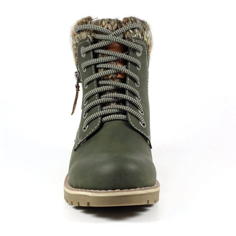 Lunar GLB123 Millie Ladies Olive Waterproof Zip & Lace Ankle Boots