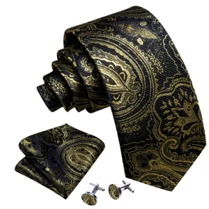 Men's Black And Gold Paisley 100% Silk Neck Tie With Matching Hanky And Cufflinks Set