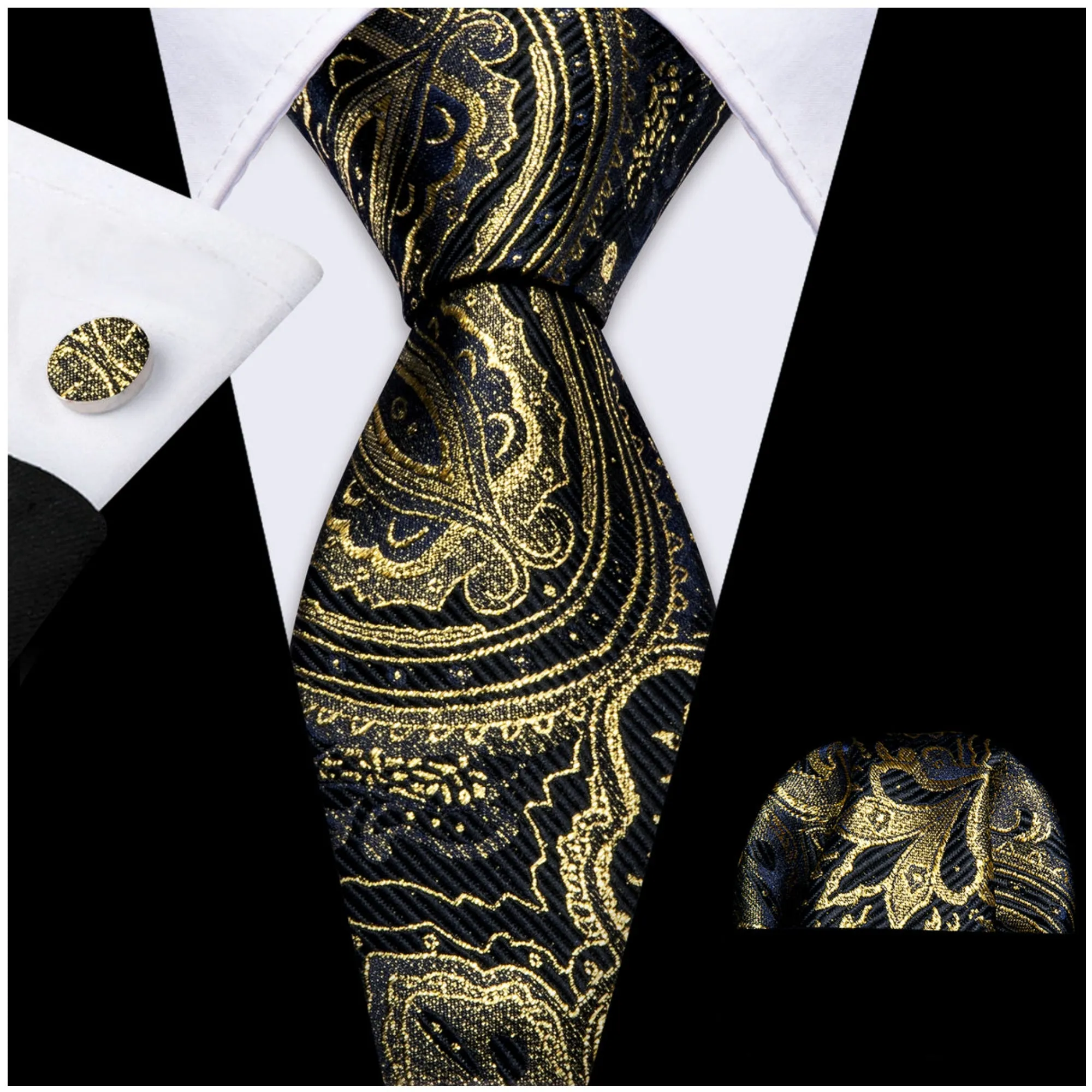 Men's Black And Gold Paisley 100% Silk Neck Tie With Matching Hanky And Cufflinks Set