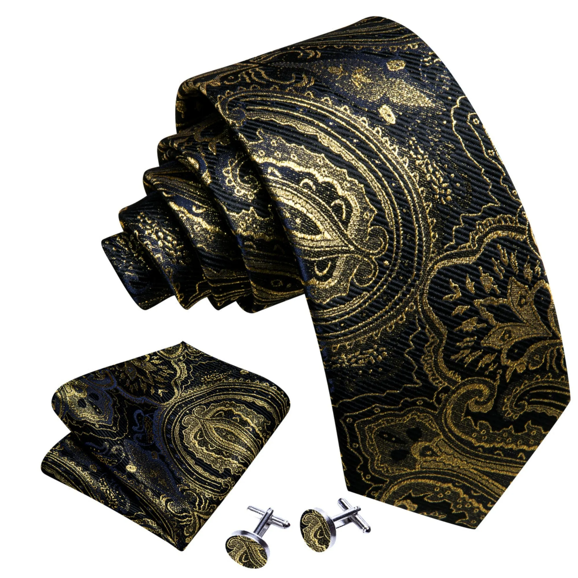 Men's Black And Gold Paisley 100% Silk Neck Tie With Matching Hanky And Cufflinks Set