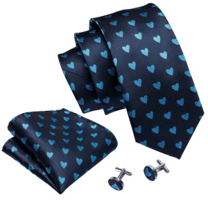 Men's Blue Heart Novelty 100% Silk Neck Tie With Matching Hanky And Cufflinks Set