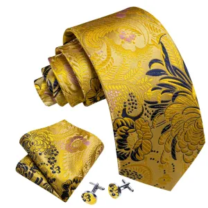 Men's Gold And Blue Floral 100% Silk Neck Tie With Matching Hanky And Cufflinks Set