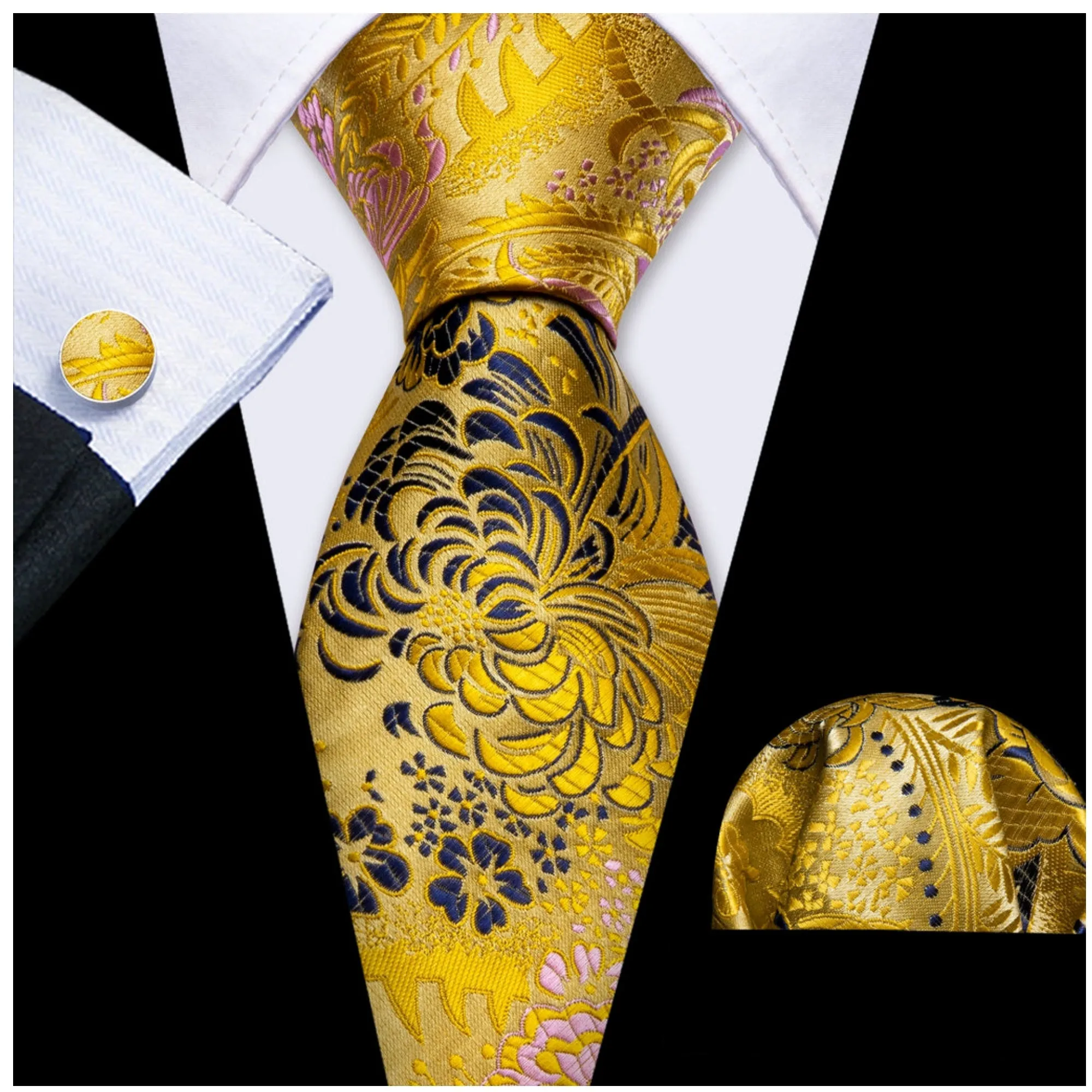 Men's Gold And Blue Floral 100% Silk Neck Tie With Matching Hanky And Cufflinks Set