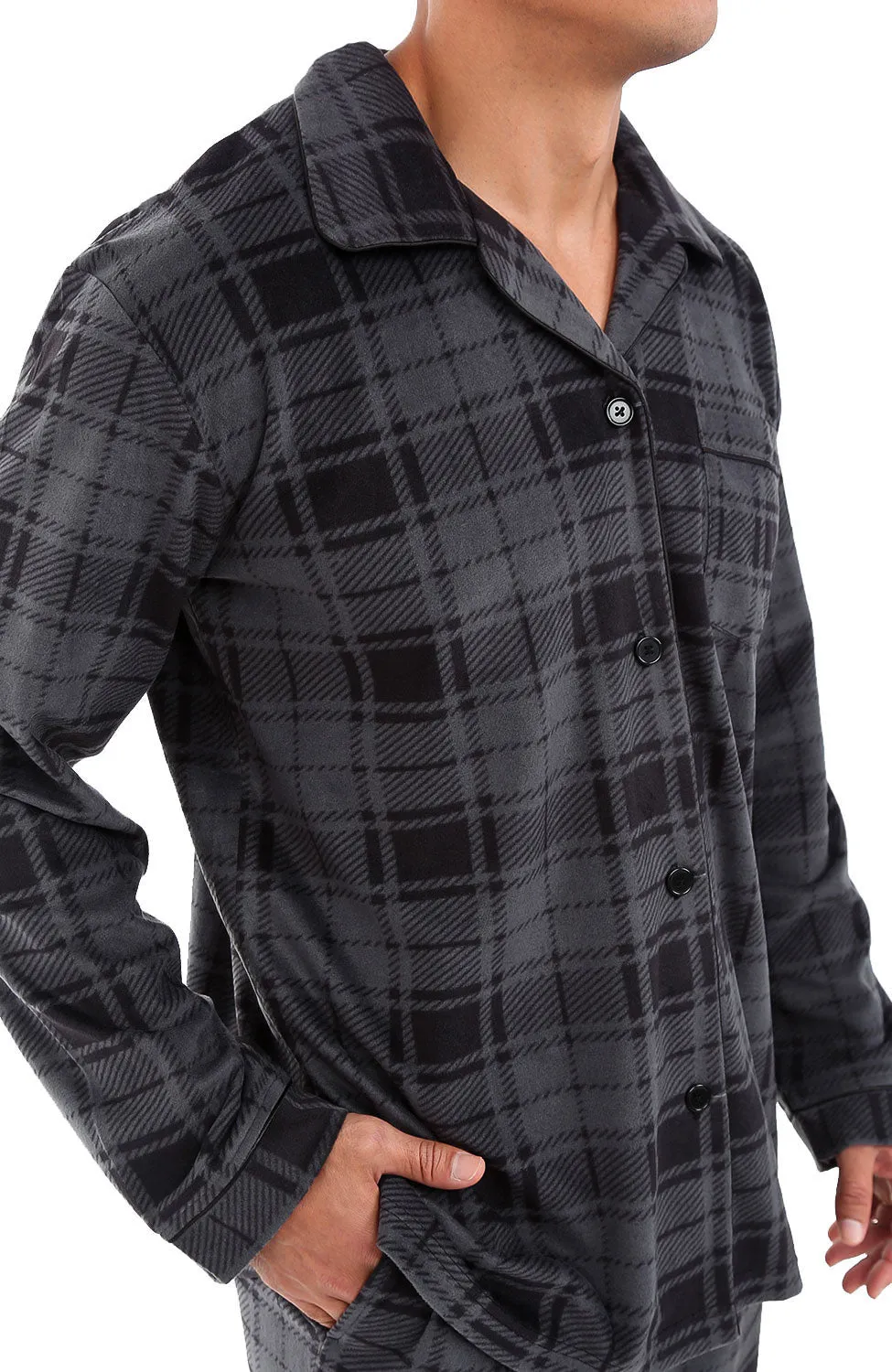 Men's Plush Fleece Pajamas Set, Button Down PJs for Winter